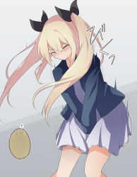 Rule 34 | !, 1girl, ^ ^, between legs, black ribbon, bladder, blonde hair, blue jacket, blush, closed eyes, closed mouth, dress, embarrassed, female focus, flat chest, grey background, hair between eyes, hair ribbon, hand between legs, have to pee, highres, jacket, japanese text, leaning forward, long hair, long sleeves, nose blush, open clothes, open jacket, original, own hands together, pee, ribbon, ribbon-trimmed skirt, ribbon trim, short dress, sidelocks, simple background, solo, speech bubble, split mouth, spoken exclamation mark, standing, translated, trembling, twintails, urine meter, v-shaped eyebrows, v arms, watakarashi, white dress