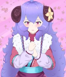 Rule 34 | 1girl, absurdres, ahoge, alternate eye color, alternate hair color, alternate hairstyle, bjd04, blue hair, blush, braid, cherry blossoms, curled horns, flower, fur (clothing), hair between eyes, hair flower, hair ornament, highres, horns, huge filesize, japanese clothes, kindred (league of legends), lamb (league of legends), league of legends, long hair, looking at viewer, nervous, official alternate costume, official alternate hairstyle, open mouth, pink eyes, pink theme, purple hair, side braid, solo, spirit blossom kindred, twin braids, twintails, very long hair