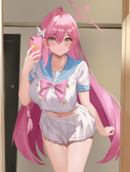 Rule 34 | 1girl, absurdres, ahoge, blue archive, blue sailor collar, blush, bow, bowtie, braid, breasts, cellphone, closed mouth, collarbone, commentary request, green eyes, hair bow, halo, hanako (blue archive), highres, holding, holding phone, large breasts, leaning forward, long hair, looking at viewer, midriff, mirror, navel, perikansa00, phone, pink bow, pink bowtie, pink hair, pleated skirt, sailor collar, school uniform, selfie, serafuku, single braid, skirt, smartphone, smile, solo, stomach, thighs, very long hair, white bow, white skirt