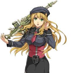 Rule 34 | 1girl, ao no kiseki, artist request, blonde hair, breasts, eiyuu densetsu, green eyes, highres, holding, holding weapon, long hair, long sleeves, looking at viewer, mireille (eiyuu densetsu), official art, open mouth, simple background, solo, transparent background, weapon, white background, zero no kiseki