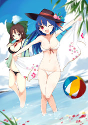 Rule 34 | 2girls, bad id, bad pixiv id, ball, beachball, bikini, black bikini, black hat, blue hair, blurry, bow, breasts, brown eyes, brown hair, cleavage, cloud, cloudy sky, commentary request, day, depth of field, dutch angle, eating, food, fruit, hair bow, hat, highres, hinanawi tenshi, holding, large breasts, leaf, long hair, looking at viewer, multiple girls, ocean, one eye closed, open mouth, outdoors, peach, popsicle, red eyes, reiuji utsuho, side-tie bikini bottom, sky, smile, standing, swimsuit, tetsurou (fe+), thigh gap, touhou, towel, towel around neck, wading, water drop, white bikini