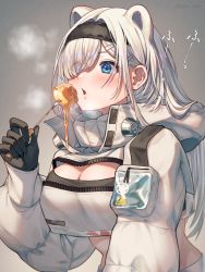 Rule 34 | 1girl, animal ears, arknights, aurora (arknights), bear ears, black gloves, black hairband, blowing, blue eyes, blush, breasts, cheese, closed mouth, crop top, eyes visible through hair, feet, food, fork, gloves, grey background, grey hair, hair ornament, hair over one eye, hairband, hairclip, highres, holding, holding fork, hood, hood down, large breasts, long hair, long sleeves, midriff, open mouth, puffy long sleeves, puffy sleeves, simple background, solo, steam, tanagawa makoto, twitter username, unzipped, upper body