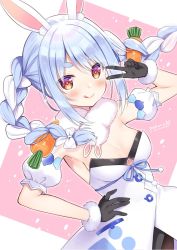 Rule 34 | 1girl, animal ear fluff, animal ears, armband, armpits, black gloves, blue hair, blush, braid, breasts, carrot, cleavage, closed mouth, don-chan (usada pekora), extra ears, food-themed hair ornament, gloves, gradient hair, hair ornament, hololive, long braid, long hair, looking at viewer, multicolored hair, rabbit ears, rabbit girl, scarf, smile, solo, sumisaki yuzuna, tongue, tongue out, twin braids, two-tone hair, usada pekora, usada pekora (1st costume), v, virtual youtuber