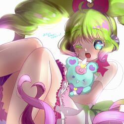 Rule 34 | 1girl, ;d, blue eyes, bow, commentary request, green hair, hair bow, highres, holding, holding stuffed toy, knees up, kuroda keeshi, laalulu, long hair, looking at viewer, multicolored hair, one eye closed, open mouth, pink bow, pretty series, pripara, puffy short sleeves, puffy sleeves, purple hair, short sleeves, sitting, smile, solo, stuffed animal, stuffed toy, teddy bear, translation request, twintails, white background