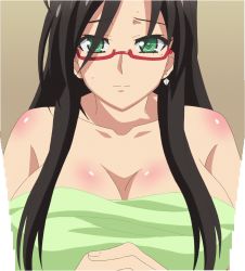 Rule 34 | 10s, 1girl, black hair, breasts, cleavage, earrings, female focus, glasses, green eyes, hasegawa chisato, highres, jewelry, large breasts, long hair, shinmai maou no testament, simple background, smile, solo, stitched, third-party edit, towel