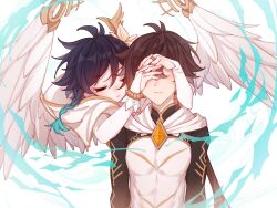 Rule 34 | 2boys, androgynous, angel, angel wings, aqua hair, bishounen, black hair, braid, brown hair, chinese commentary, closed eyes, commentary, covering another&#039;s eyes, feathered wings, genshin impact, highres, hood, hood down, hug, hug from behind, low twin braids, male focus, matchesstars, multiple boys, muscular, muscular male, ponytail, twin braids, venti (archon) (genshin impact), venti (genshin impact), white background, white wings, wings, yaoi, zhongli (archon) (genshin impact), zhongli (genshin impact)