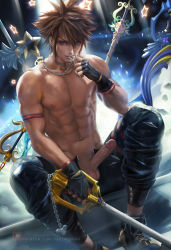 Rule 34 | 1boy, abs, absurdres, blue eyes, brown hair, erection, full body, gloves, highres, jewelry, kingdom hearts, looking at viewer, male focus, muscular, naughty face, necklace, penis, presenting, sakimichan, topless male, shoes, sitting, solo, sora (kingdom hearts), testicles, uncensored, undressing, weapon