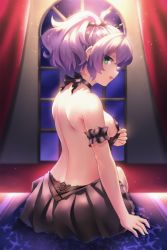 Rule 34 | 1girl, :d, arm at side, arm garter, azur lane, back, back focus, backless dress, backless outfit, bare back, bare shoulders, black choker, black dress, breasts, choker, dress, from behind, green eyes, highres, indoors, javelin (a different dance) (azur lane), javelin (azur lane), light, looking at viewer, looking back, neit ni sei, open mouth, ponytail, purple hair, short hair, short ponytail, sideboob, sitting, small breasts, smile, solo, teasing, window