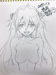 Rule 34 | 1girl, 2019, breasts, dated, dbqp, fangs, hair ornament, highres, long hair, looking at viewer, neon genesis evangelion, nipples, nude, open mouth, photo (medium), simple background, smile, solo, souryuu asuka langley, thighs, tongue, tongue out, traditional media, translation request, twintails, upper body