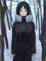 Rule 34 | 1girl, absurdres, bare tree, black hair, blue eyes, chainsaw man, forest, fur-trimmed jacket, fur trim, highres, jacket, long hair, looking at viewer, mole, mole under eye, mole under mouth, nature, santa claus (chainsaw man), smile, snow, snowing, solo, tree, yu ni taro