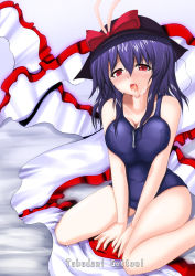 Rule 34 | 1girl, bare shoulders, blush, bow, breasts squeezed together, breasts, cum, cum on clothes, cumdrip, facial, haruto, hat, kneeling, large breasts, nagae iku, one-piece swimsuit, open mouth, purple hair, red eyes, school swimsuit, solo, swimsuit, touhou, tsukudani shirou