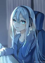 Rule 34 | 1girl, aryuma772, blue eyes, character request, collarbone, grey jacket, grey shirt, hair between eyes, headphones, highres, indoors, jacket, long hair, long sleeves, open clothes, open jacket, open mouth, shirt, silver hair, sitting, solo, straight hair, track jacket, twitter username, upper body, very long hair