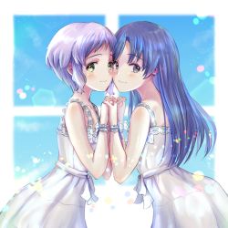 Rule 34 | 2girls, armpits, artist request, back, bare shoulders, blue hair, blue sky, blush, bow, brown eyes, cheek-to-cheek, collarbone, day, dress, dress bow, female focus, flat chest, friends, frilled dress, frilled wrist cuffs, frills, from side, happy, heads together, holding hands, idolmaster, idolmaster (classic), idolmaster million live!, interlocked fingers, kisaragi chihaya, leaning on person, leaning to the side, light particles, long hair, looking at viewer, makabe mizuki, multiple girls, namco, neck, parted bangs, purple hair, ribbon, short hair, side bangs, sidelocks, sky, sleeveless, sleeveless dress, smile, standing, sundress, white bow, white dress, white ribbon, window, wrist cuffs, yellow eyes
