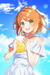 1girl bare_shoulders blush cloud collarbone cup dot_nose dress drinking_straw green_eyes hanamaru_hareru highres holding holding_cup indie_virtual_youtuber lens_flare looking_at_viewer off-shoulder_dress off_shoulder open_mouth orange_hair ponytail short_hair smile solo upper_body virtual_youtuber white_dress yumesaki_nana