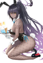Rule 34 | 1girl, abab xiaxia, alcohol, animal ears, ass, bare shoulders, black hair, black leotard, blue archive, blue bow, blue bowtie, bow, bowtie, breasts, cup, curvy, dark-skinned female, dark skin, detached collar, drink glass, drinking glass, fake animal ears, fake tail, fishnet pantyhose, fishnets, glass, gradient hair, halo, high heels, highres, holding, holding plate, karin (blue archive), karin (bunny) (blue archive), large breasts, legs, leotard, long hair, looking at viewer, medium breasts, multicolored hair, pantyhose, patent heels, plate, playboy bunny, pumps, purple hair, rabbit ears, rabbit tail, shiny clothes, shiny skin, shoes, shoulder tattoo, sitting, solo, stiletto heels, strapless, strapless leotard, tail, tattoo, thighs, traditional bowtie, very long hair, wariza, white background, wide hips, yellow eyes