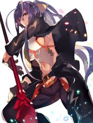 Rule 34 | 1girl, antenna hair, backless outfit, bare shoulders, black pants, blazblue, blazblue: central fiction, blazblue variable heart, bow, breasts, chaps, cowboy shot, fingerless gloves, genderswap, genderswap (mtf), gloves, hair between eyes, hair bow, halterneck, hip vent, hyakuhachi (over3), jacket, large breasts, long hair, lowleg, lowleg pants, mai natsume, no bra, pants, polearm, ponytail, purple hair, red eyes, revealing clothes, ribbon, sideboob, sidelocks, smile, solo, spear, standing, stomach, tagme, very long hair, weapon
