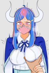 Rule 34 | 1girl, absurdres, ahoge, blue hair, blush, breasts, coin, coin on string, covered erect nipples, face mask, glowing, glowing eyes, grabbing, grabbing another&#039;s breast, groping, highres, horns, hypnosis, long hair, mask, mind control, multicolored hair, one piece, panting, pink eyes, ryuugu2000, simple background, sweat, trembling, ulti (one piece)
