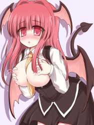Rule 34 | 1girl, bat wings, between breasts, blush, breast hold, breasts, breasts out, dress, female focus, head wings, koakuma, lactation, large breasts, long hair, looking at viewer, necktie, nipples, open clothes, open mouth, open shirt, red eyes, red hair, ry (yagoyago), shirt, skirt, skirt set, solo, touhou, vest, wings