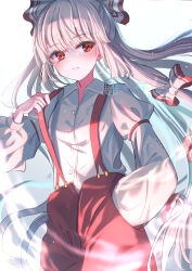 Rule 34 | 1girl, bow, buttons, fujiwara no mokou, hair bow, hand in pocket, highres, long hair, looking to the side, overalls, red eyes, red overalls, serious, shirt, solo, takenaka takeshi, touhou, very long hair, watermark, white background, white bow, white hair, white shirt