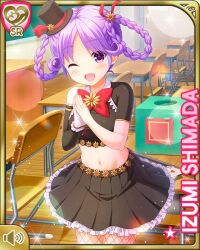 1girl ;d bow braid character_name classroom day desk fishnets girlfriend_(kari) grey_shirt grey_skirt hair_ribbon hat indoors looking_at_viewer official_art one_eye_closed open_mouth purple_eyes purple_hair qp:flapper red_bow ribbon school school_desk shimada_izumi shirt single_sleeve skirt smile solo tagme top_hat