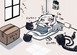 Rule 34 | 10s, 1girl, abyssal ship, ahoge, box, calendar (object), cardboard box, colored skin, comic, dress, futon, horns, kantai collection, long hair, machinery, mittens, unworn mittens, northern ocean princess, pillow, red eyes, surprised, sweat, sweatdrop, tanaka kusao, translation request, waking up, white dress, white hair, white skin