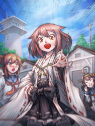 Rule 34 | 3girls, absurdres, ahoge, alternate costume, bare shoulders, brown hair, cosplay, costume switch, detached sleeves, fang, folded ponytail, ghost (gost8643), gooster, hair ornament, highres, ikazuchi (kancolle), ikazuchi (kancolle) (cosplay), inazuma (kancolle), japanese clothes, kantai collection, kongou (kancolle) (cosplay), kongou (kancolle), long hair, multiple girls, nontraditional miko, open mouth, school uniform, serafuku, short hair, smile, thighhighs