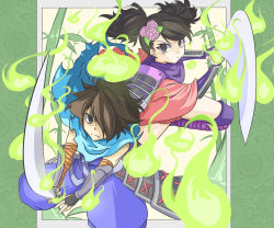 Rule 34 | 1boy, 1girl, armor, bad id, bad pixiv id, bamboo, brown eyes, brown hair, flower, hair ornament, holding, holding sword, holding weapon, kisuke, leaf, looking at viewer, momohime, oboro muramasa, spirit, sunatoshi, sword, twintails, two-handed, weapon