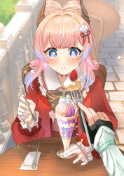Rule 34 | 2girls, absurdres, black bow, black gloves, blue eyes, bow, bow-shaped hair, chestnut mouth, collar, fingerless gloves, fork, genshin impact, gloves, hair ornament, half gloves, hand up, highres, holding, holding fork, holding spoon, ice cream cup, jacket, kate (shootingstar), long hair, long sleeves, looking at viewer, lumine (genshin impact), multicolored eyes, multiple girls, official alternate costume, outdoors, parted lips, partially fingerless gloves, pink hair, pov, pov hands, red jacket, sangonomiya kokomi, sangonomiya kokomi (sushiro), sitting, solo focus, spoon, thick eyebrows, white collar, white gloves