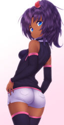 Rule 34 | 1girl, ass, bare shoulders, black thighhighs, blue eyes, breasts, dark-skinned female, dark skin, detached sleeves, gundam, hair bobbles, hair ornament, looking back, purple hair, rachel ransom, sd gundam g-generation, short hair, short shorts, shorts, side ponytail, simple background, small breasts, solo, thighhighs, white background, zizi (zz22)
