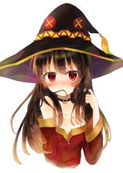Rule 34 | 1girl, absurdres, alternate hair length, alternate hairstyle, blush, brown hair, collar, commentary, flat chest, hair in own mouth, hat, highres, kono subarashii sekai ni shukufuku wo!, long hair, looking at viewer, megumin, off shoulder, playing with own hair, red eyes, solo, upper body, white background, witch hat, yuno (suke yuno)