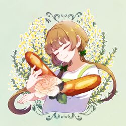 Rule 34 | 1girl, bow, bread, brown hair, celeste (bluetteceleste), closed eyes, flower, food, green bow, hair bow, highres, long sleeves, low twintails, nein (album), shokumotsu-ko, smile, solo, sound horizon, twintails, white flower