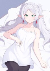 Rule 34 | 1girl, absurdres, bare shoulders, black pantyhose, breasts, commentary, dangle earrings, dress, earrings, frieren, green eyes, highres, jewelry, long hair, looking at viewer, on bed, pantyhose, parted bangs, pillow, pointy ears, small breasts, smile, solo, sousou no frieren, tsubame tien, twintails, white dress, white hair