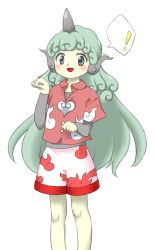Rule 34 | !, 1girl, :d, aqua eyes, aqua hair, feet out of frame, grey horns, grey shirt, grey undershirt, horns, komano aunn, legs apart, long sleeves, looking at viewer, nonamejd, official style, open mouth, pink shirt, red trim, shirt, short sleeves, shorts, simple background, single horn, smile, solo, speech bubble, spoken exclamation mark, standing, touhou, undershirt, white background, white shorts, zun (style)