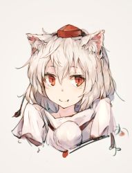 Rule 34 | 1girl, albino, animal ears, blush, colorized, fang, hat, inubashiri momiji, kashii (amoranorem), looking at viewer, pom pom (clothes), portrait, red eyes, short hair, simple background, sketch, smile, solo, tokin hat, touhou, white hair, wolf ears
