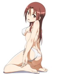 Rule 34 | 1girl, ass, barefoot, bikini, brown eyes, brown hair, butt crack, from behind, hair intakes, kneeling, long hair, looking at viewer, minna-dietlinde wilcke, nanashino, side-tie bikini bottom, simple background, sitting, solo, strike witches, swimsuit, white background, white bikini, world witches series, yokozuwari