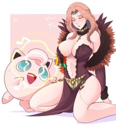 Rule 34 | 1girl, 1other, bare legs, bare shoulders, blue eyes, breasts, circlet, cleavage, commission, cornelia arnim, creatures (company), fire emblem, fire emblem: three houses, game freak, gen 1 pokemon, highres, ihsnet, jewelry, jigglypuff, large breasts, light brown hair, long hair, music, musical note, nintendo, pokemon, singing, sleeping