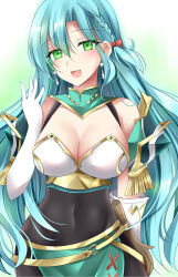 Rule 34 | 1girl, :d, aqua hair, bow, braid, breasts, chloe (fire emblem), commentary request, covered navel, fire emblem, fire emblem engage, gloves, green eyes, hair between eyes, hair bow, highres, kirishima riona, large breasts, long hair, looking at viewer, nintendo, open mouth, smile, solo, upper body, very long hair, white gloves