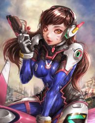 Rule 34 | 10s, 1girl, 2016, absurdres, armor, between legs, bodysuit, boots, bracer, breasts, breasts apart, brown eyes, brown hair, candy, cloud, cloudy sky, cowboy shot, d.va (overwatch), dated, debris, eyelashes, facepaint, facial mark, finger on trigger, food, gloves, gun, hand between legs, handgun, headphones, highres, holding, holding gun, holding weapon, jay b lee, lips, lipstick, lollipop, long hair, long sleeves, makeup, mecha, medium breasts, meka (overwatch), overwatch, overwatch 1, parted lips, pauldrons, pilot suit, pink lips, ribbed bodysuit, robot, shoulder armor, shoulder pads, signature, sitting, skin tight, sky, solo, thigh boots, thigh strap, thighhighs, turtleneck, upper body, weapon, whisker markings, white gloves