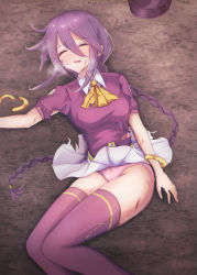 Rule 34 | 1girl, ascot, bow, bow panties, braid, braided ponytail, breasts, closed eyes, defeat, dress, hair between eyes, highres, long hair, lying, medium breasts, melty blood, on ground, open mouth, panties, pink panties, purple eyes, purple thighhighs, short sleeves, sion eltnam atlasia, teeth, thighhighs, torn clothes, torn legwear, tsukihime, underwear, upper teeth only, very long hair, white background, white dress
