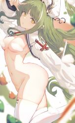 1girl absurdres azur_lane breasts cross-shaped_pupils from_side green_hair hat hat_horns highres long_hair long_sleeves looking_at_viewer medium_breasts navel parted_lips raffaello_(azur_lane) reizouko shrug_(clothing) skindentation solo stomach symbol-shaped_pupils thighhighs very_long_hair white_hat white_shrug white_thighhighs x_x yellow_eyes