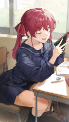 Rule 34 | 1girl, absurdres, blue shirt, blue skirt, book, eraser, fang, hair ribbon, highres, hololive, houshou marine, houshou marine (school uniform), looking at viewer, nintendo switch, on chair, one eye closed, pencil, red eyes, red hair, red ribbon, ribbon, sarukana, school uniform, shirt, skirt, solo, table, twintails, v, virtual youtuber, window