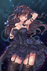 Rule 34 | 1girl, ;d, ahoge, arm ribbon, arm up, armpits, bare shoulders, black dress, black flower, black gloves, black ribbon, black rose, black thighhighs, blue eyes, blush, breasts, brown hair, cenangam, cleavage, collarbone, dress, earrings, fang, flower, frilled dress, frills, garter straps, gloves, hair flower, hair ornament, hands up, highres, ichinose shiki, idolmaster, idolmaster cinderella girls, idolmaster cinderella girls starlight stage, jewelry, large breasts, long hair, looking at viewer, microphone, necklace, one eye closed, open mouth, ribbon, rose, smile, solo, standing, strapless, strapless dress, thighhighs, two side up, wavy hair