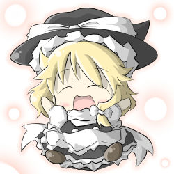 Rule 34 | 1girl, :d, ^ ^, aoblue, apron, blonde hair, blush, chibi, closed eyes, female focus, hat, kirisame marisa, open mouth, puffy short sleeves, puffy sleeves, short sleeves, simple background, smile, solo, touhou, waist apron, white background, witch hat