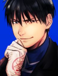 Rule 34 | 1boy, black eyes, black hair, blue background, coat, fullmetal alchemist, gloves, hand on own chin, looking at viewer, makaron611, male focus, military, military uniform, roy mustang, short hair, simple background, smile, solo, uniform