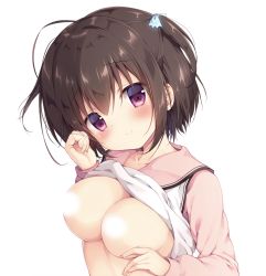 Rule 34 | 1girl, ahoge, blue ribbon, blush, breasts, brown hair, censored, censored nipples, closed mouth, clothes lift, commentary request, hair between eyes, hair ribbon, hands up, head tilt, highres, jacket, long sleeves, medium breasts, miyasaka naco, one side up, open clothes, open jacket, original, pink jacket, pink sailor collar, purple eyes, ribbon, sailor collar, school uniform, serafuku, shirt, shirt lift, simple background, smile, solo, upper body, white background, white shirt