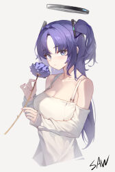 Rule 34 | 1girl, absurdres, artist name, blue archive, blush, breasts, cleavage, closed mouth, commentary, dress, flower, grey background, halo, highres, holding, holding flower, large breasts, long hair, looking at viewer, mechanical halo, purple eyes, purple flower, purple hair, saw272, simple background, solo, two side up, upper body, white dress, yuuka (blue archive)