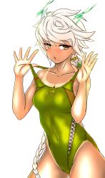 Rule 34 | 1girl, aiuti, alternate costume, antlers, asymmetrical hair, bare shoulders, blush, braid, breasts, brown eyes, character name, cleavage, collarbone, commentary request, competition swimsuit, covered navel, cowboy shot, green one-piece swimsuit, highleg, highleg swimsuit, highres, horns, jitome, kantai collection, lips, long hair, looking at viewer, medium breasts, navel, one-piece swimsuit, open mouth, pulling own clothes, silver hair, single braid, skindentation, solo, strap pull, swimsuit, tan, tanline, thighs, unryuu (kancolle), very long hair, wavy hair