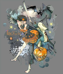 Rule 34 | 1girl, artist request, bandages, bat (animal), halloween, jack-o&#039;-lantern, orange skirt, plaid, plaid skirt, pumpkin, skirt, solo, sword, trick or treat, weapon