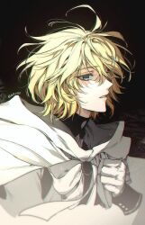 Rule 34 | 1boy, black background, blonde hair, clenched hand, commentary request, gloves, hand up, highres, hyakuya mikaela, korean commentary, looking at viewer, m m pb, male focus, owari no seraph, parted lips, sideways glance, simple background, solo, twitter username, upper body, white gloves
