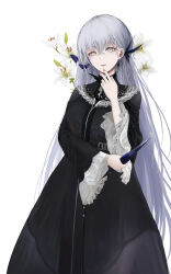 Rule 34 | 1girl, absurdres, alc.3vol, black dress, butterfly hair ornament, butterfly on hair, clotho (neural cloud), dress, earrings, finger to mouth, flower, girls&#039; frontline, girls&#039; frontline neural cloud, grey hair, hair ornament, highres, holding, holding knife, jewelry, knife, light smile, long hair, long sleeves, looking at viewer, mole, mole under eye, open mouth, parted lips, solo, standing, very long hair, white background, yellow eyes